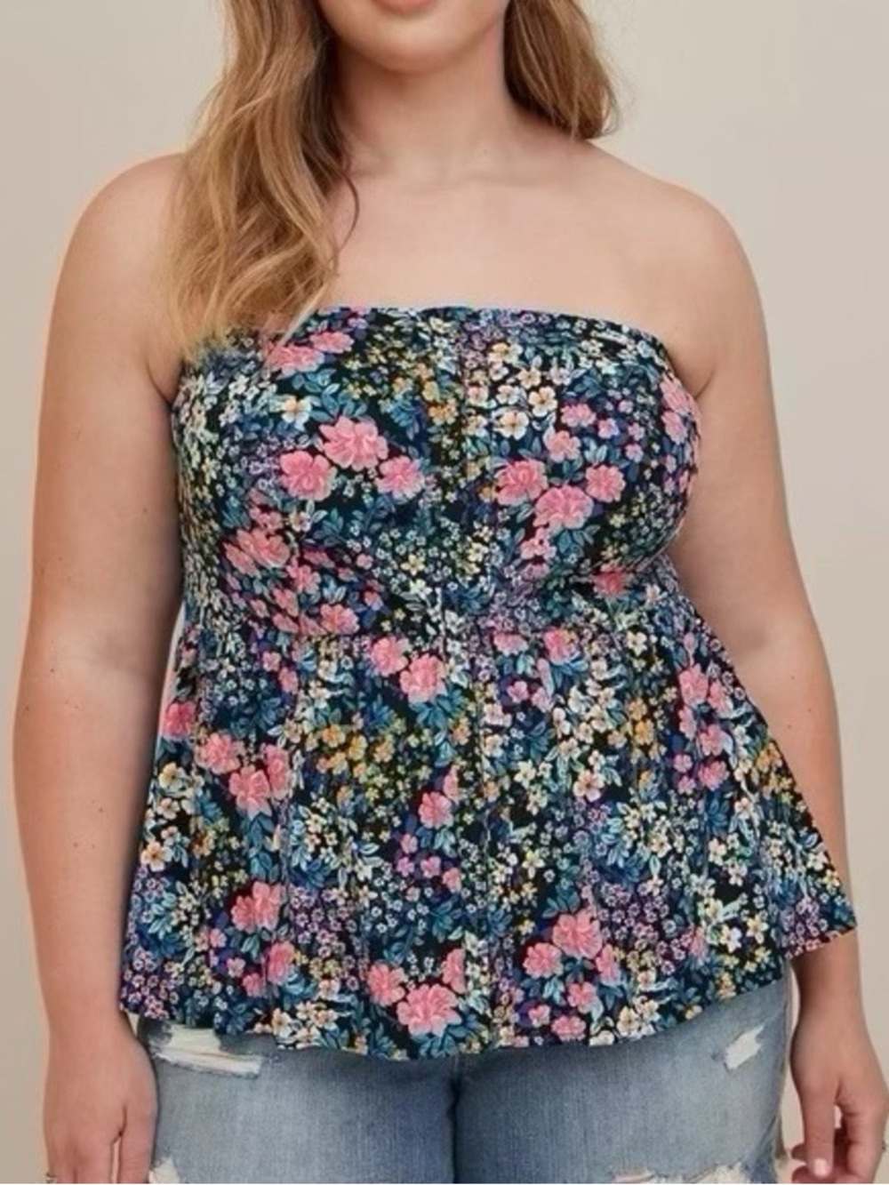 Torrid Size 5X Blue Floral Challis Lace Up Back Smocked Strapless Corset Top NWT